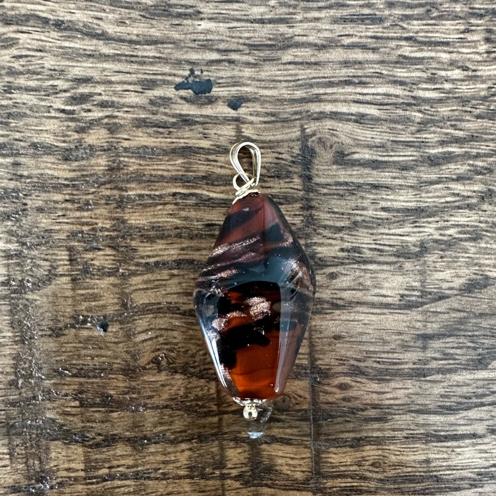 10KT Gold Murano Glass Pendant | Amber Swirl | Italian Statement Necklace Charm